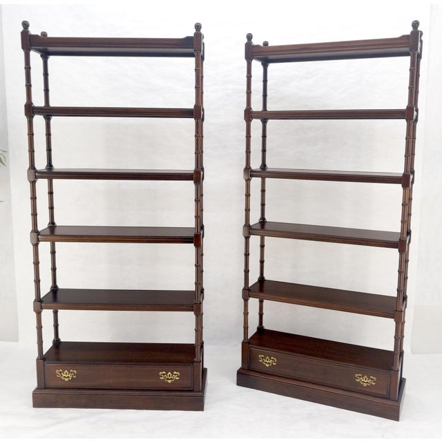 Wood Pair of 6 Tier Faux Bamboo Bottom Drawer Cherry Bookcases Round Ball Finials For Sale - Image 7 of 14