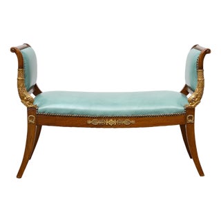 English Regency Mahogany Leather Bench with Gilt Dolphin Armrests For Sale