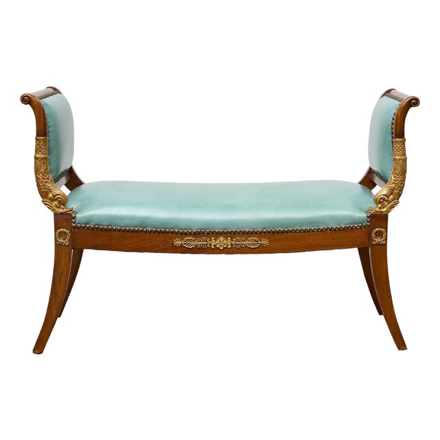 English Regency Mahogany Leather Bench with Gilt Dolphin Armrests For Sale