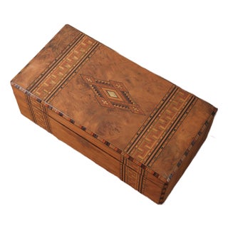 Vintage Marquetry Inlaid Writing Slope Lap Desk With Geometric Motif and Leather Interior For Sale