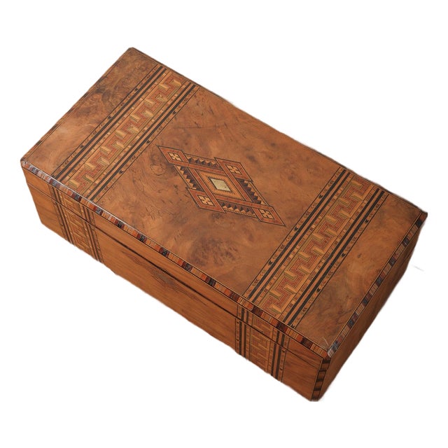 Vintage Marquetry Inlaid Writing Slope Lap Desk With Geometric Motif and Leather Interior For Sale