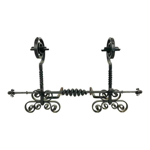 Antique Hand-Forged Gothic Revival Andirons With Crossbar- 3 Pieces For Sale