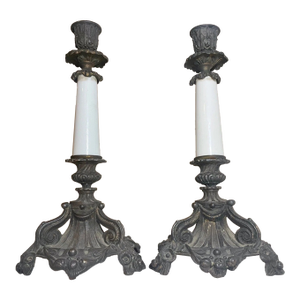 Pair of Antique Bronze Patinated Ornate Porcelain Candlesticks Candle Holders
