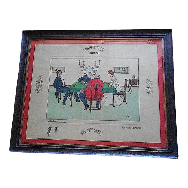 Antique 19th C. Framed Elephant Folio Size Pencil Signed Card Game Lithograph - "Bridge" For Sale