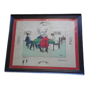Antique 19th C. Framed Elephant Folio Size Pencil Signed Card Game Lithograph - "Bridge"