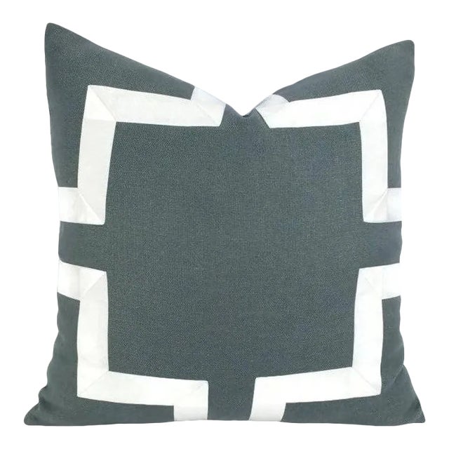 Graphite Gray Linen With White Ribbon Embellishment Pillow Cover For Sale
