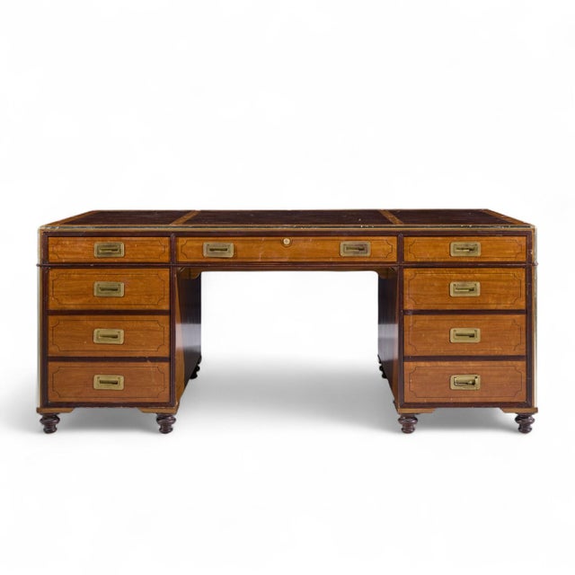 Baker Furniture Campaign Style Leather Top Partners Desk This desk measures: 72.25 wide x 42.25 deep x 30.25 high, with a...