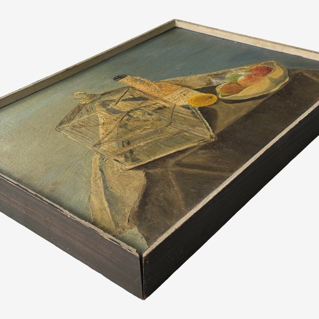 1960s Vintage Modernist Still Life With Birdcage and Fruit, Signed (C. 1960, Oil on Cardboard) For Sale - Image 5 of 6