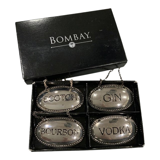 Godinger for the Bombay Company Silverplate Decanter Tags - Vintage Barware Set of 4. Great for Bar Cart, Palm Beach Chic & Grandmillennial. See Pics! For Sale