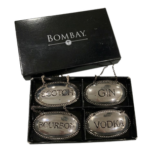 Godinger for the Bombay Company Silverplate Decanter Tags - Vintage Barware Set of 4. Great for Bar Cart, Palm Beach Chic & Grandmillennial. See Pics!