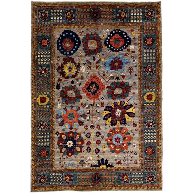 Gray Modern Serapi Style Handmade Floral Designed Wool Rug For Sale - Image 10 of 10