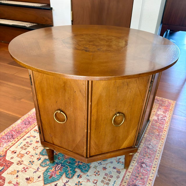 Brown 1970s Round Top Hexagon Two Door Cabinet End Table With Brass Ring Pulls and Leg Caps For Sale - Image 8 of 10