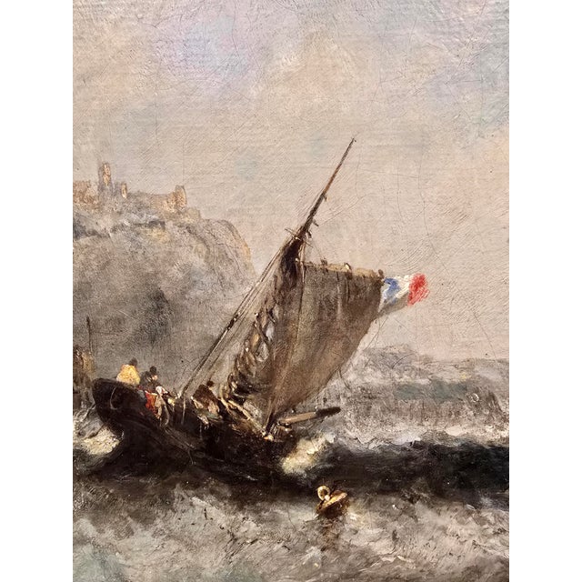 Blue Clarkson Stanfield–Dramatic English Lighthouse Seascape W/ French Ship-19th Century Oil Painting For Sale - Image 8 of 13