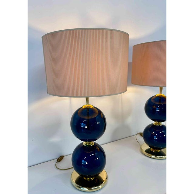 Blue Murano Glass Lamps with Blue Spheres and Ivory Lampshades, Set of 2 For Sale - Image 8 of 9