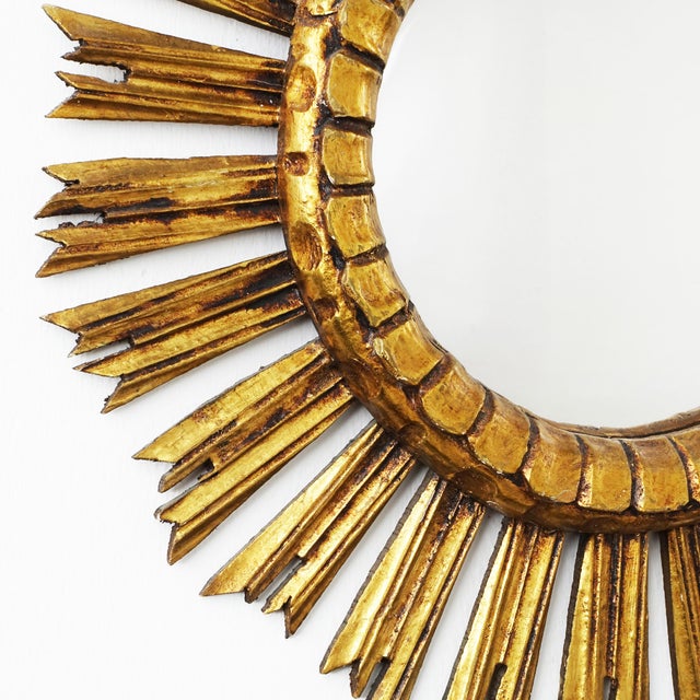 Vintage 50s Giltwood Sunburst Mirror Highly decorative, 1950s gilded wooden sunburst mirror from Italy, very good...