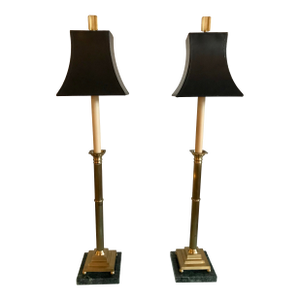 Pair of Wildwood Brass Candlestick Lamps With Green Marble Bases