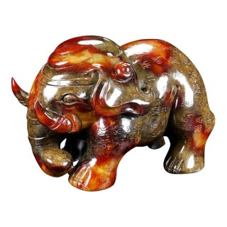 Antique Hetian Jade Elephant Sculpture – 7.9" Carved Figure With Calligraphy For Sale