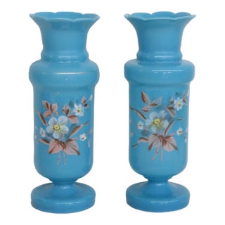 Turquoise Blue Opaline Glass Vase Pair of 2 With Hand Painted Floral Motif 5071b For Sale