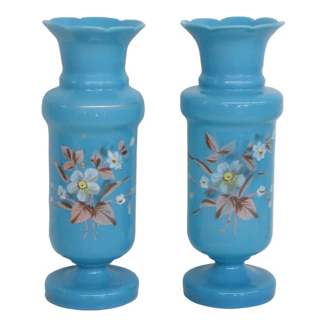 Turquoise Blue Opaline Glass Vase Pair of 2 With Hand Painted Floral Motif 5071b For Sale