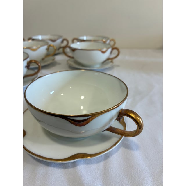 White Antique Haviland & Co. Limoges Gold Rim Bouillon Cups and Saucers, Set of 9 - 18 PCS For Sale - Image 8 of 13