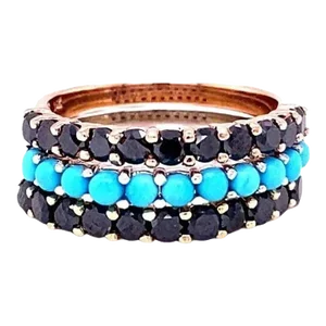2.66 Carat Turquoise, Black Diamond, 14K Gold Band Set Size 7 - Set of 3