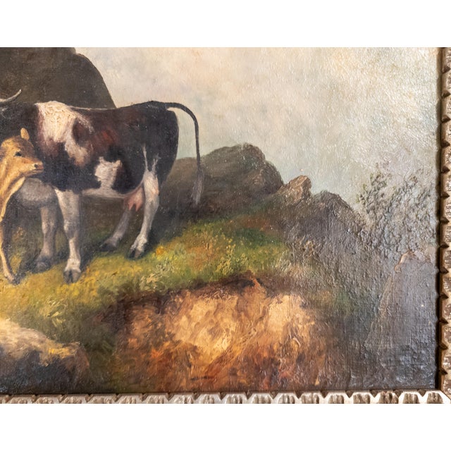 19th Century English or Continental Painting of Cow and Calf in Highlands For Sale - Image 9 of 17