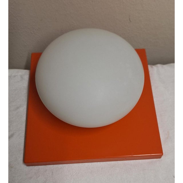 German Orange Metal Bracket Ceiling Lamp with Opaque White Glass Shade by E. & S. Emmrich & Schöning, 1970s For Sale - Image 6 of 8