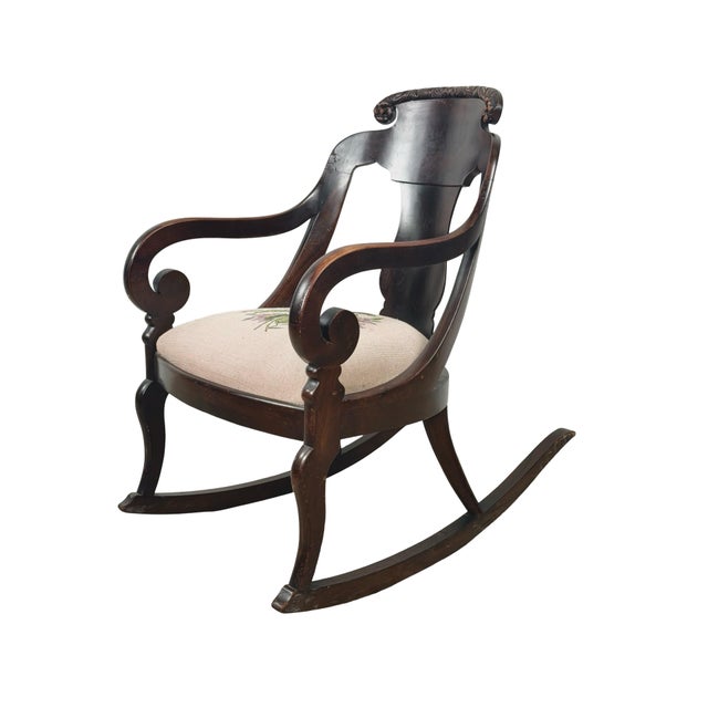 Early 20th Century Antique American Carved Wood Rocking Chair With Needlepoint Seat For Sale - Image 5 of 18