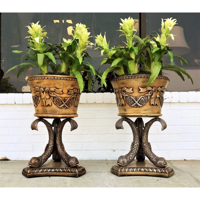Koi Fish Pedestal Planters With Faux Floral Bromeliads- a Pair For Sale - Image 11 of 11