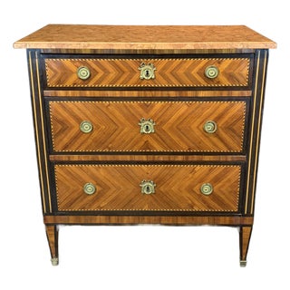 French Neoclassical Louis XVI Marble Top Parquetry Chest of Drawers For Sale