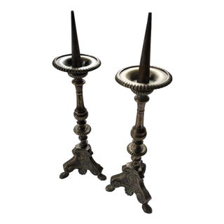 19th Century French Baroque Revival Brass Altar Pricket Candlesticks, Set of 2 For Sale