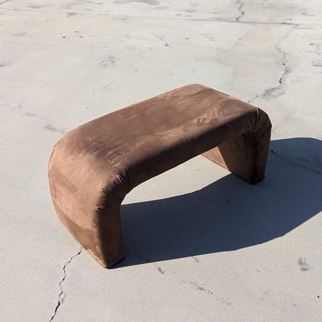 Wood Postmodern Upholstered Waterfall Bench in Faux Suede, 1970s For Sale - Image 7 of 11