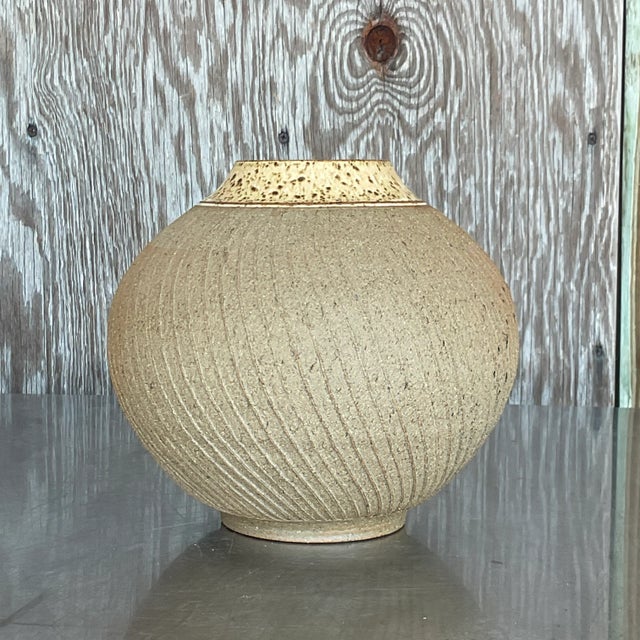 Boho Chic Vintage Boho Scored Studio Pottery Vase For Sale - Image 3 of 7