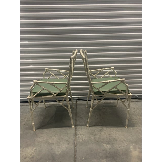 Hollywood Regency Vintage Pair of 1960’s Faux Bamboo Chippendale Style Metal Garden Chairs For Sale - Image 3 of 7