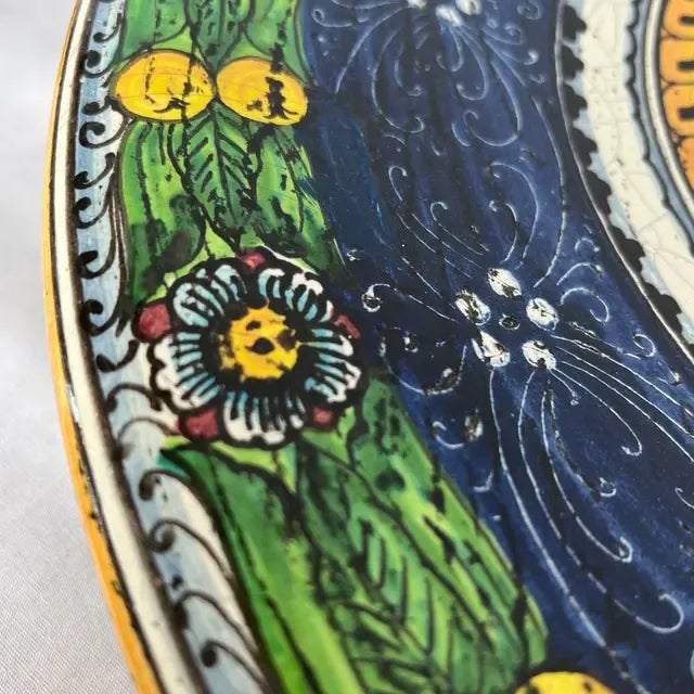 Ceramic 1990s Italian Hand-Painted Blue and Green Ceramic Round Sun Center Wall Plate For Sale - Image 7 of 11