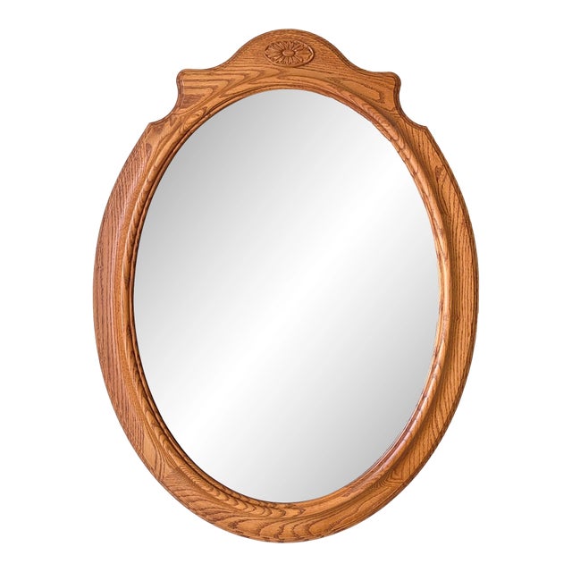 Large Solid Oak & Beveled Glass Oval Mirror For Sale
