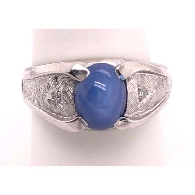 Metal 14 Karat White Gold Oval Sapphire Cabochon Ring With Diamond Accents For Sale - Image 7 of 9