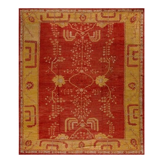 1880s Red Field Tribal Geometric Antique Turkish Oushak Rug 12' 10" X 15' Handknotted Wool Carpet For Sale
