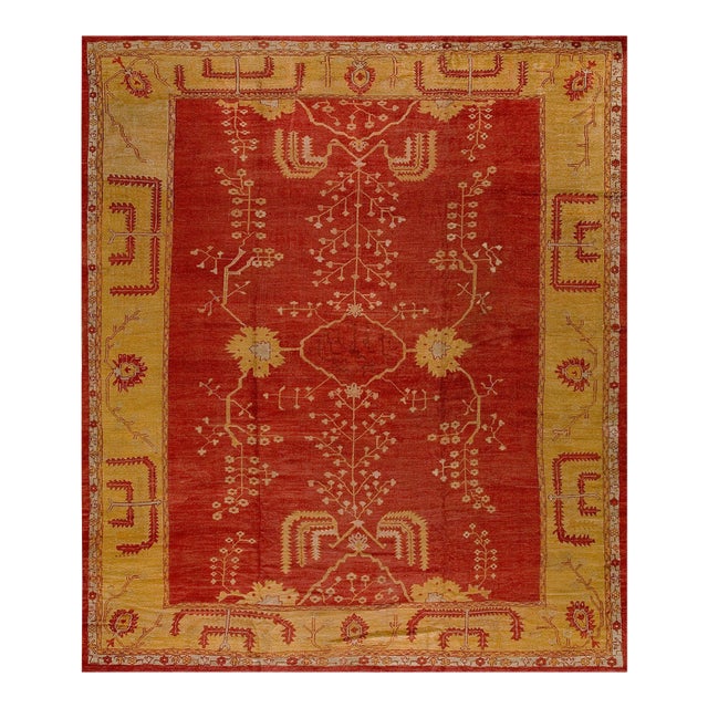 1880s Red Field Tribal Geometric Antique Turkish Oushak Rug 12' 10" X 15' Handknotted Wool Carpet For Sale