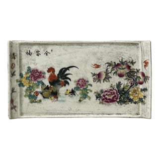 Vintage Finish Rooster Flower Graphic Rectangular Porcelain Plate Art For Sale