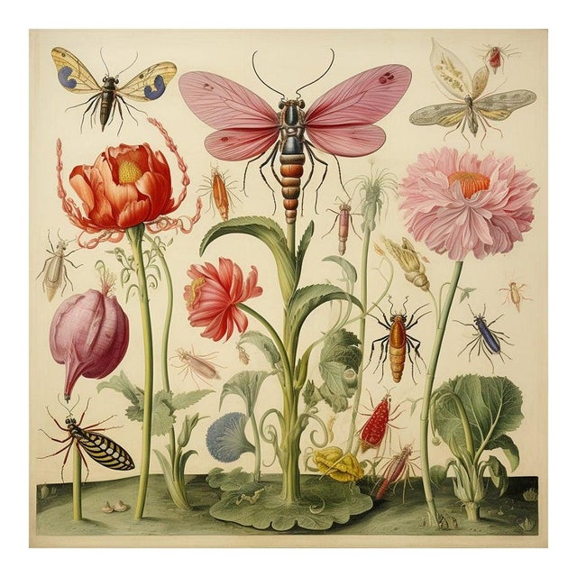 Insects and Flowers – Natural History Fine Art Print This captivating fine art print reproduces a richly detailed natural...