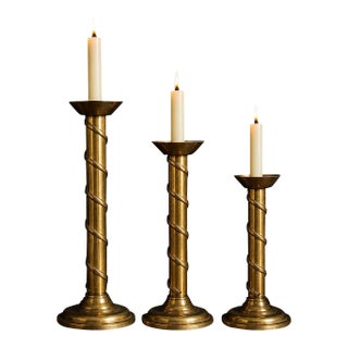 Vintage Solid Brass Spiral Candlesticks, Set of Three Graduated , 12”, 14” & 16 For Sale