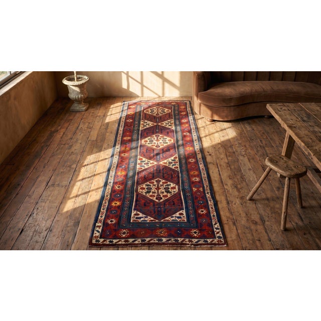Red 1870s Red Geometric Tribal Antique Nw Persian Rug 3'6" X 9'8" Handknotted Wool Carpet For Sale - Image 8 of 9