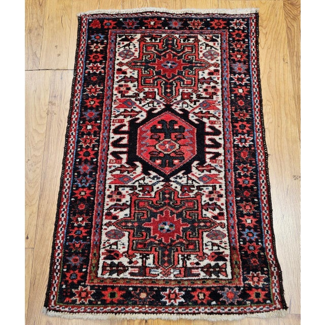 Vintage Persian Heriz Karajeh Rug, Hand-Knotted Wool, Geometric Pattern, Red & Ivory, 2x3 For Sale - Image 4 of 12