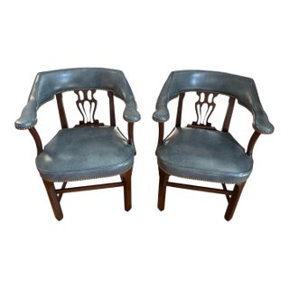 Late 20th Century Pair of Blue Leather Banker's Chairs Attributed to Barrit For Sale