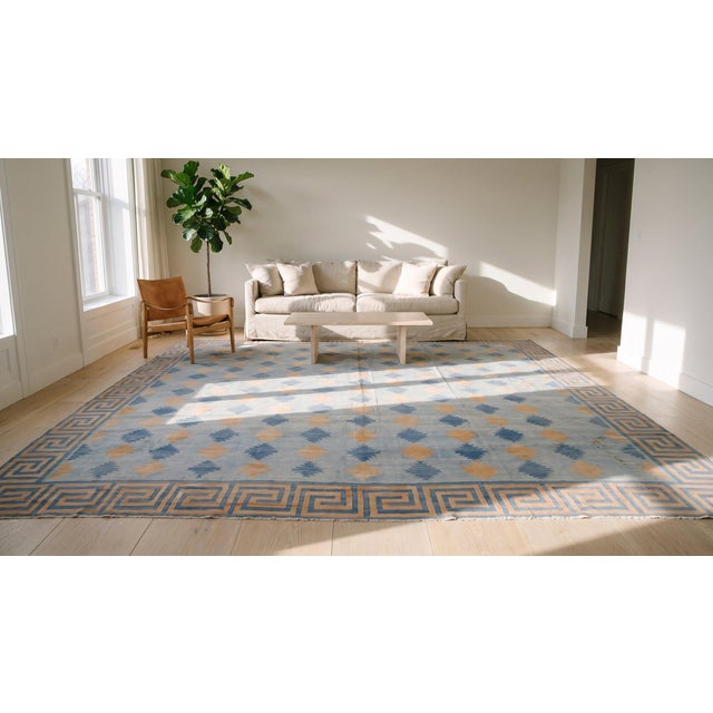 Excellent Sky Blue Background With Blue and Orange Diamond Antique Indian Cotton Dhurrie Rug For Sale - Image 13 of 15