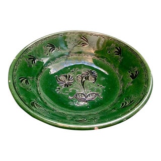 Mid 20th Century Italian Ceramic Bowl, Green With Black Floral Motif For Sale
