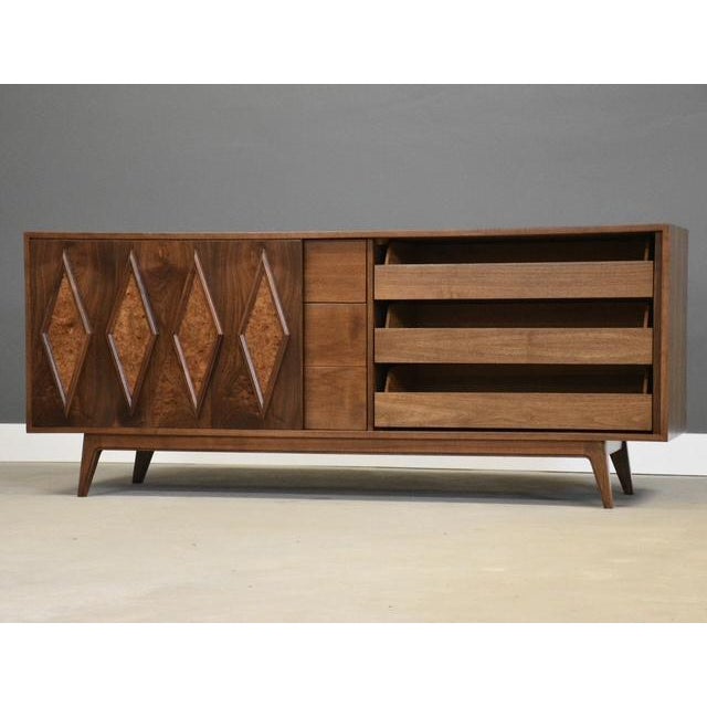 Mid-Century Modern 1960s Refinished Walnut Star Long 76” Dresser by Young Manufacturing For Sale - Image 3 of 11