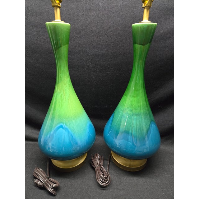 Mid 20th Century Mid-Century Modern Green and Blue Ceramic Lamp Pair For Sale - Image 5 of 12
