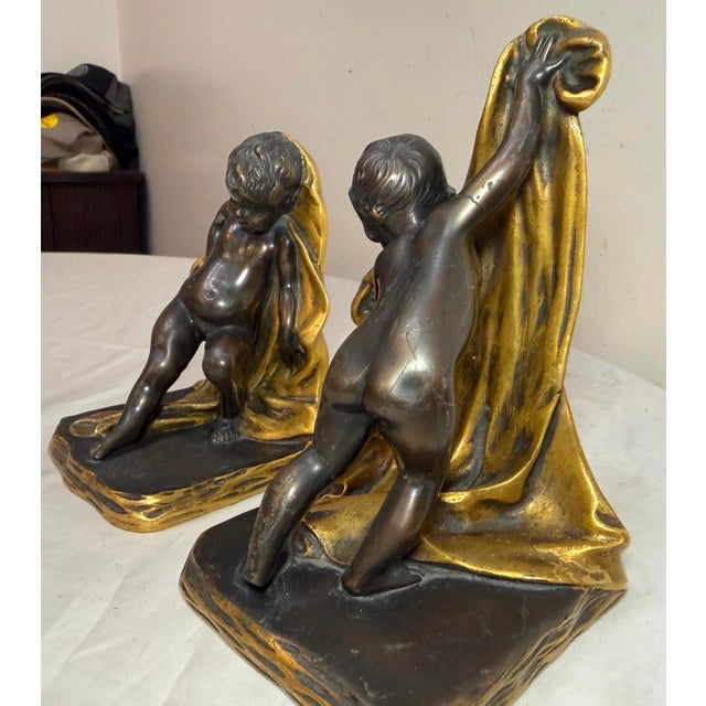 Bronze Pair of Antique 1800's Sterling Bronze Co Cherub Putti Ormolu Patinated Bookends For Sale - Image 8 of 17